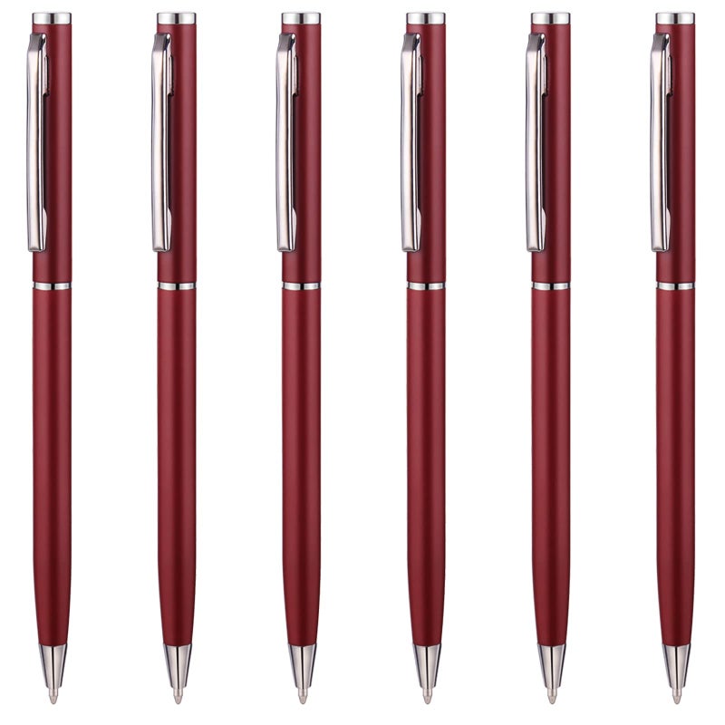 Unibene 6 Pack Slim Metallic Retractable Ballpoint Pens - Matte Burgundy Metallic Retractable, 1.0mm Medium Point Black Ink with 6 Stainless Steel Refills for Business Office, Gift - Image 1